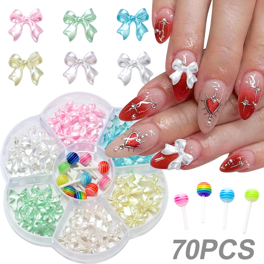 70pcs/Box Kawaii Pearl Pink Ribbon Nail Charms set Glossy Resin Bowknot Nail Art Decorations Y2K Lollipop DIY Nail Accessories_#