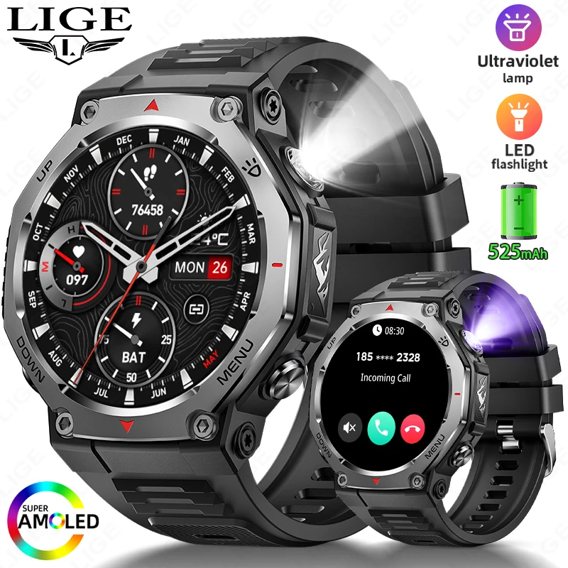 

LIGE фонарик/УФ-умные часы 5ATM водонепроницаемые умные часы для мужчин Bluetooth монитор здоровья вызова с фонариком 100+ спортивный режим