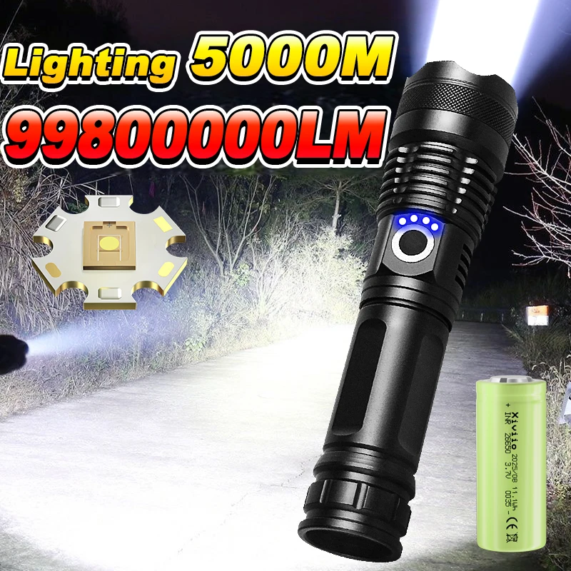 2026 99800000LM High Brightness LED Flashlight Long Range 5000M Torch Light Ultra Powerful Portable Lamp Outdoor Camping Lantern