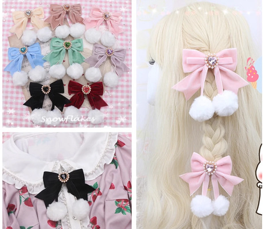 Japanese Sweet Cute Lolita Velvet Fur Ball Love Rhinestone Pearl Decoration Hairpin Edge Clip Hair Accessories Pair Clip Women