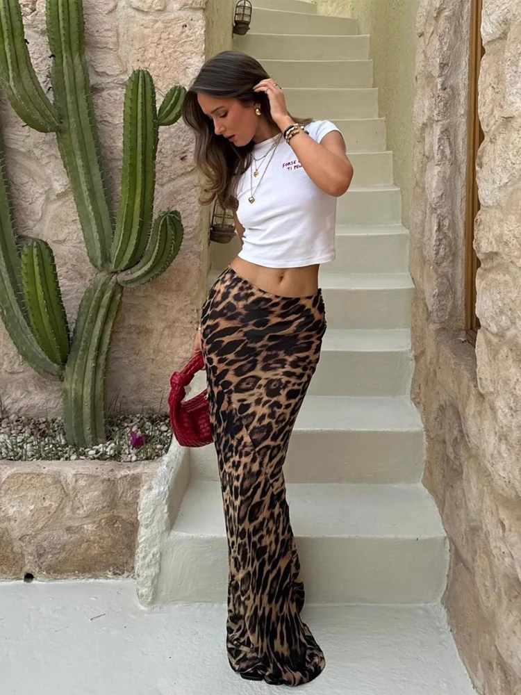 

Zadily 2025 Summer Women's Leopard Print Maxi Skirt High Waist Bodycon Split Hem Vacation Streetwear Midi Skirt