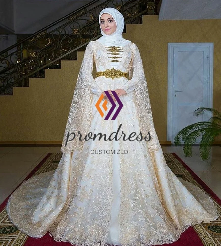 Luxury Russian Caucasian Wedding Dress Gold Lace Long Sleeve Moroccan Turkish Bridal Dress Paskistani Pagan Muslim Bride Celtic