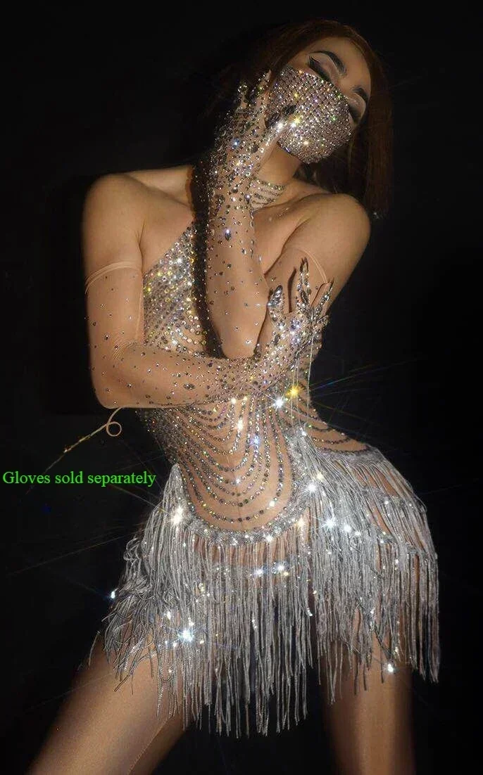 

Latin Sexy Dance Dress with Rhinestone Tassel Elastic Mesh Net Perspective Crystal Leotard Singer Stage Outfit Female Singer