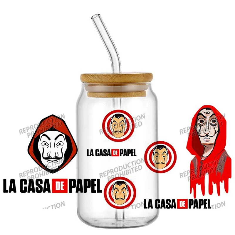 popular Red Mask UV DTF cup Wraps Heist Themed transfer Stickers for 16oz Glass Cans Waterproof DIY Transfer 3D Decals