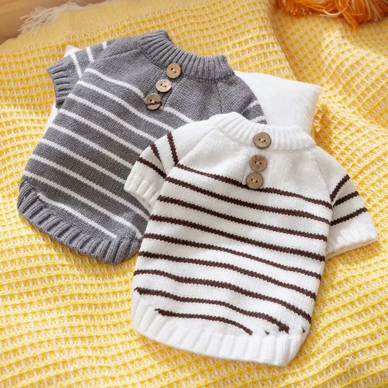 Simple Striped Button Sweater for Dogs in Autumn and Winter Cat Warm Teddy Warm Knit Sweater Pet Clothes Puppy Clothes