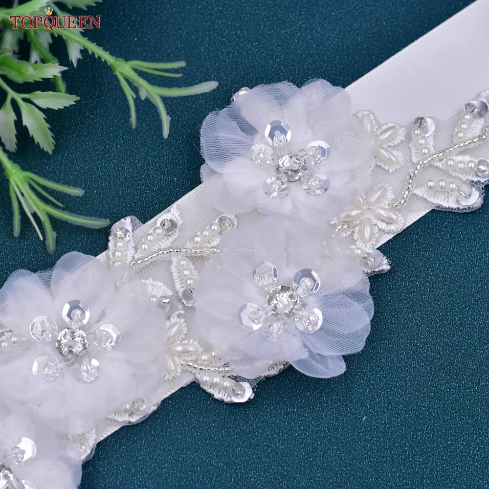 TOPQUEEN S249 White Flower Belt Bride Wedding Dress Accessories Fancy Pearl Sequin Appliques Evening Party Prom Women Sash