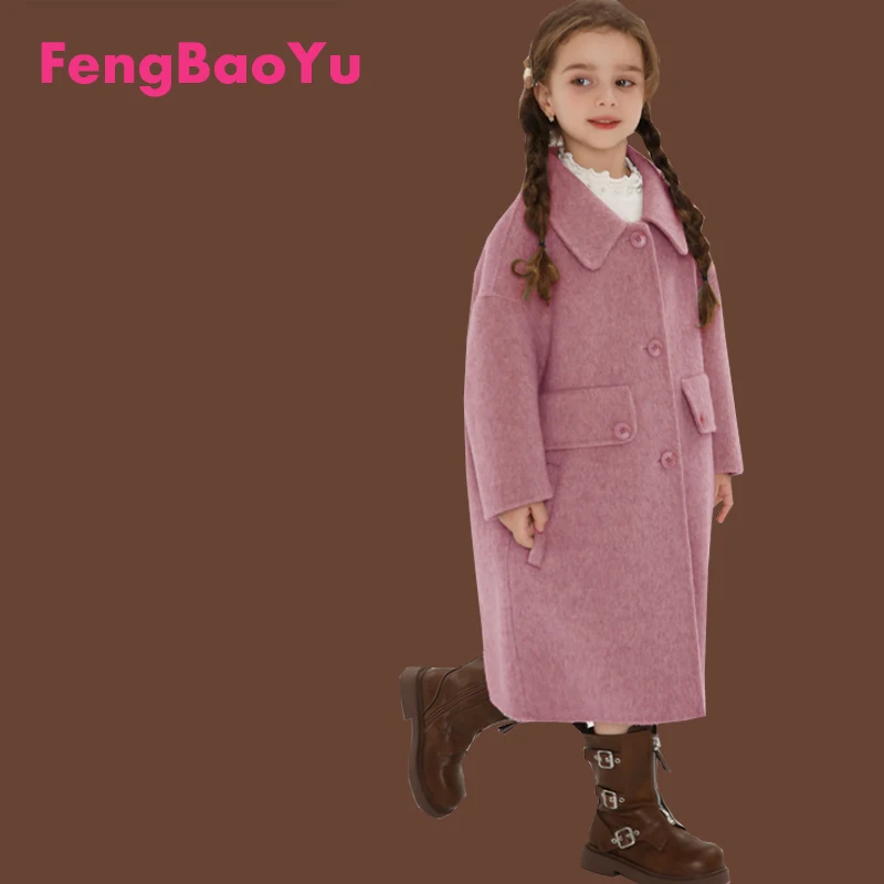 

Autumn Winter Boys Girls Double-sided Cashmere Coat Color Khaki Wool Children's Medium Length Hepburn Style Fashion Coat Warmth