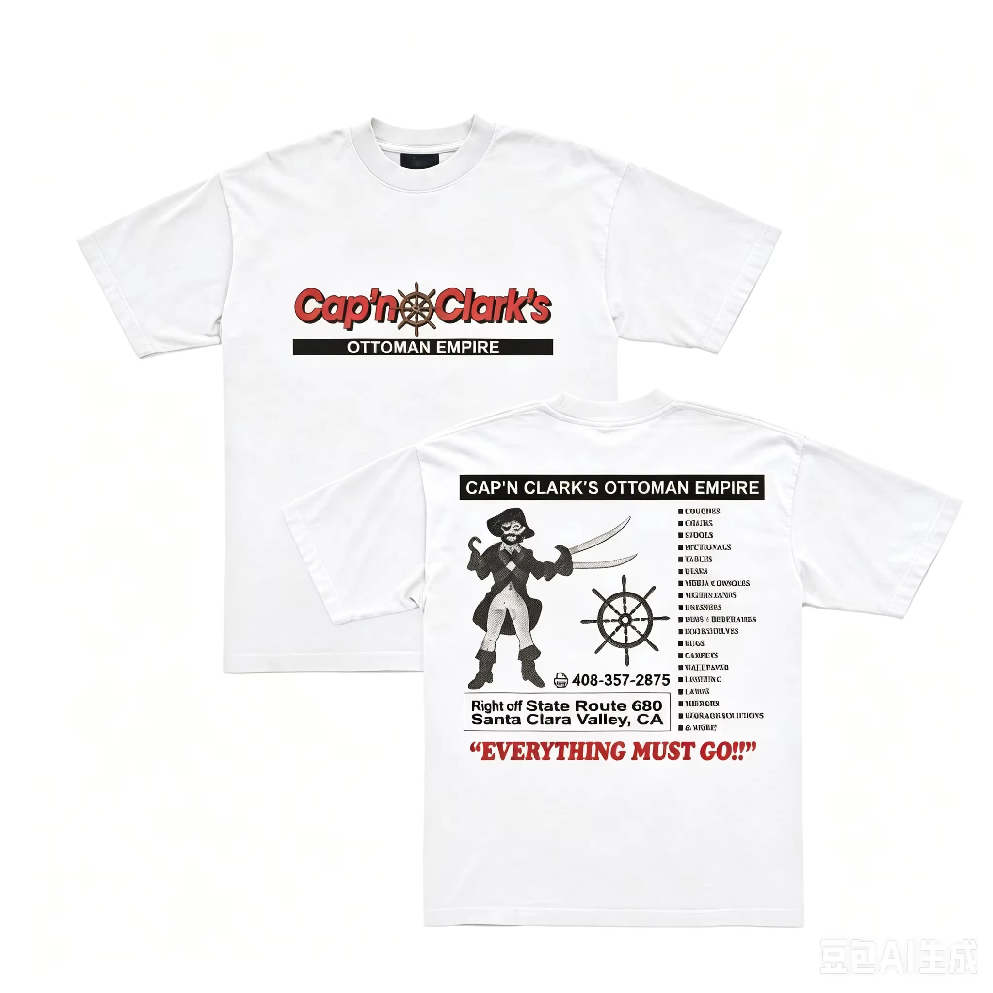 Unisex Vintage Pirate Furniture Ad Graphic T Ship Wheel Dual Sided Print Crew Neck White Oversized Casual Short Sleeve Tees