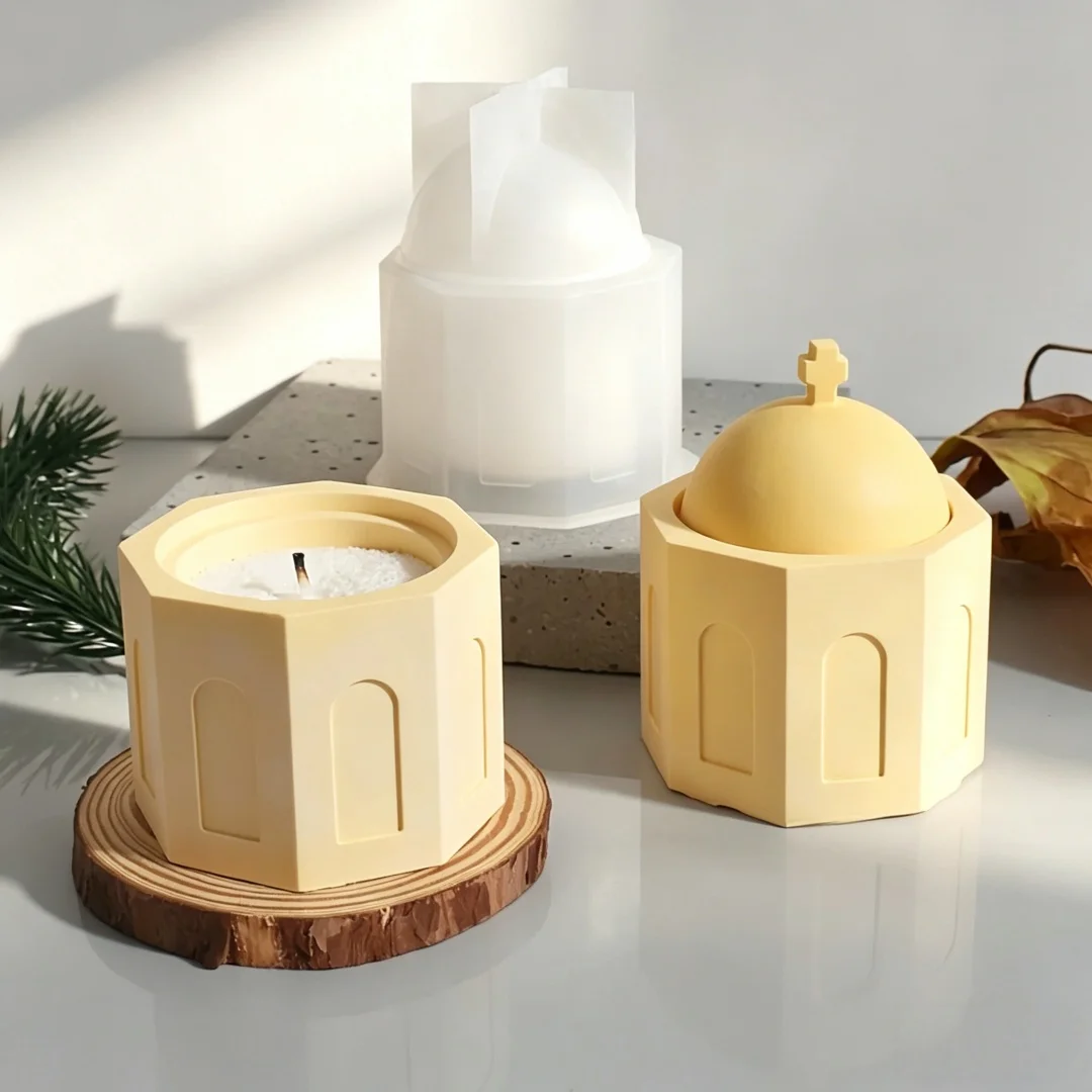 

3D House Octagonal Silicone Candle Jar Mold With Lid Round Plaster Storage Box Gypsum Home Decoration Molds Easy Demold Reusable