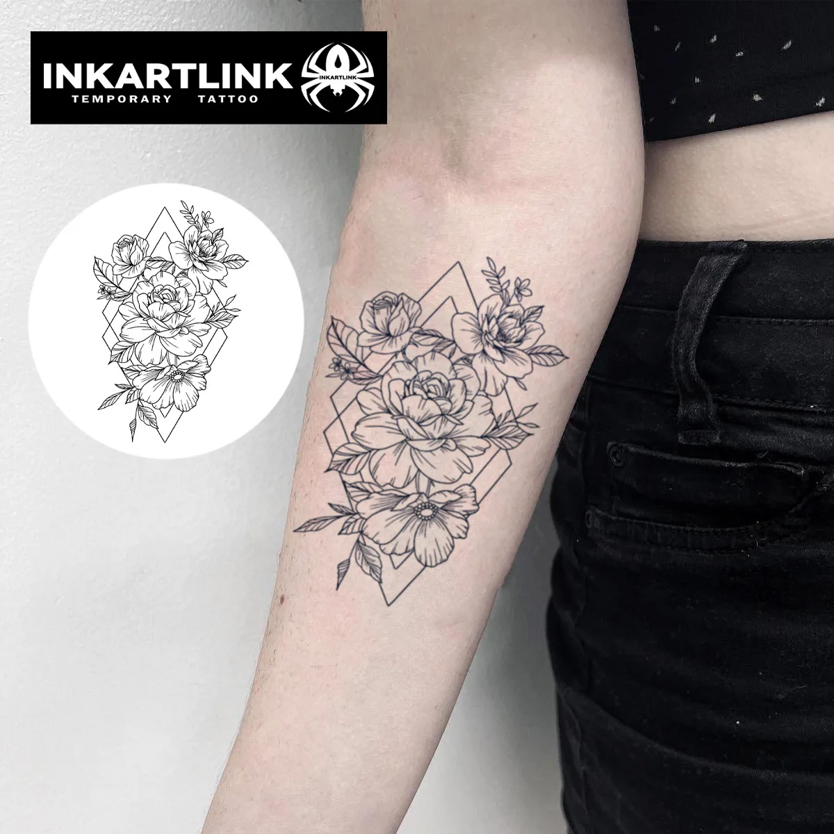 INKARTLINK Minimalist Flower Tattoo Patch 1-2 Weeks Long Lasting Geometric Diamond Line Waterproof Temporary Tattoo