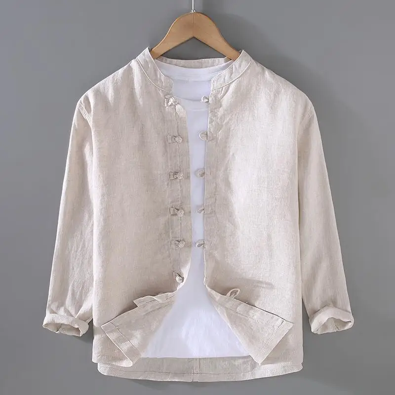 

Мужская рубашка с длинным рукавом в стиле Чжуншань, китайский стиль, тонкий материал, деформируемая, однотонная, для ношения под одеждой, прочее/другое