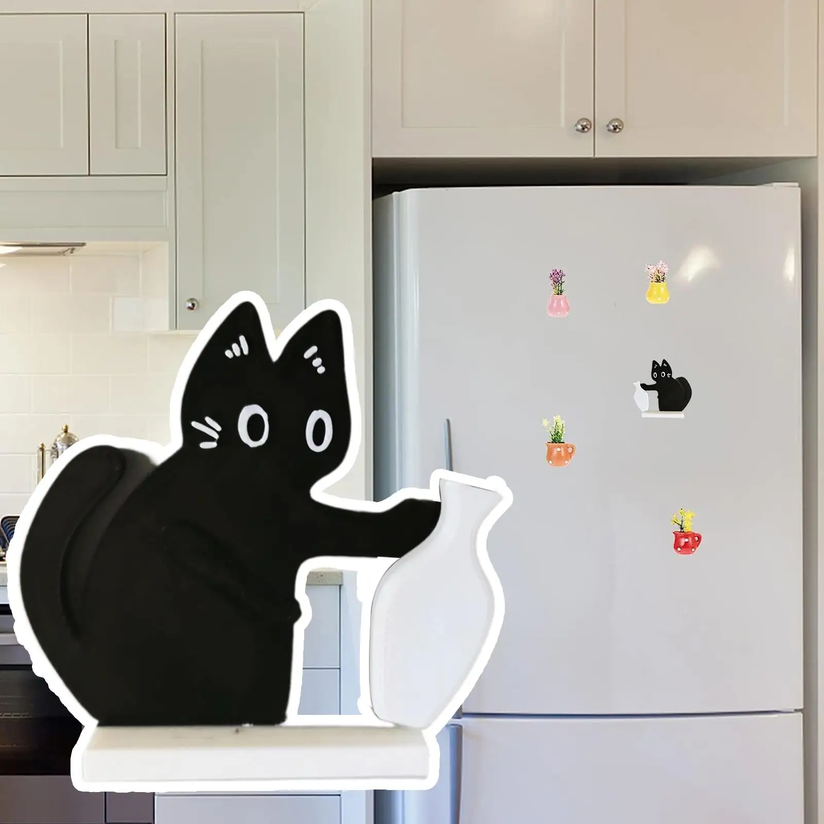 Kreativer Kühlschrankmagnet mit Katzenmotiv und Blumenvase, Niedliche Kleine Schwarze Katze mit Vase, Magnetischer Kühlschrankmagnet für Arbeitsplatz, Bücherregal