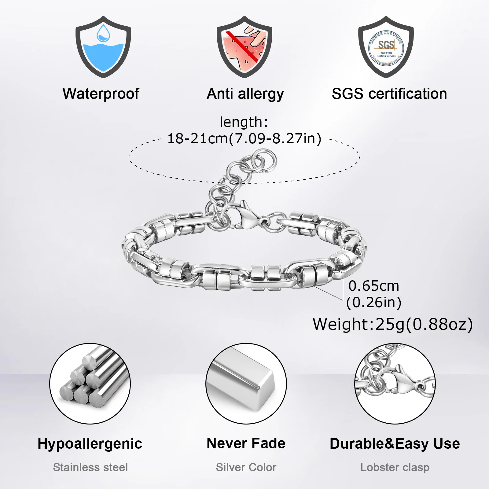 Vnox Chunky Stainless Steel Handmade Link Chain Bracelets, Never Fade Stainless Steel Round Byzantine Links Wristband