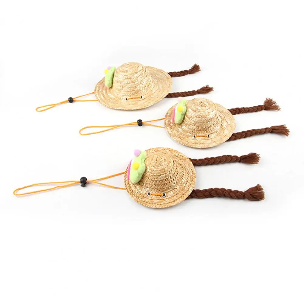 Pet Headwear with Adjustable Straps Pet Straw Hat for Dogs Cats Pet Braided Straw Hat Set with Cute Frog for Cats for Outings