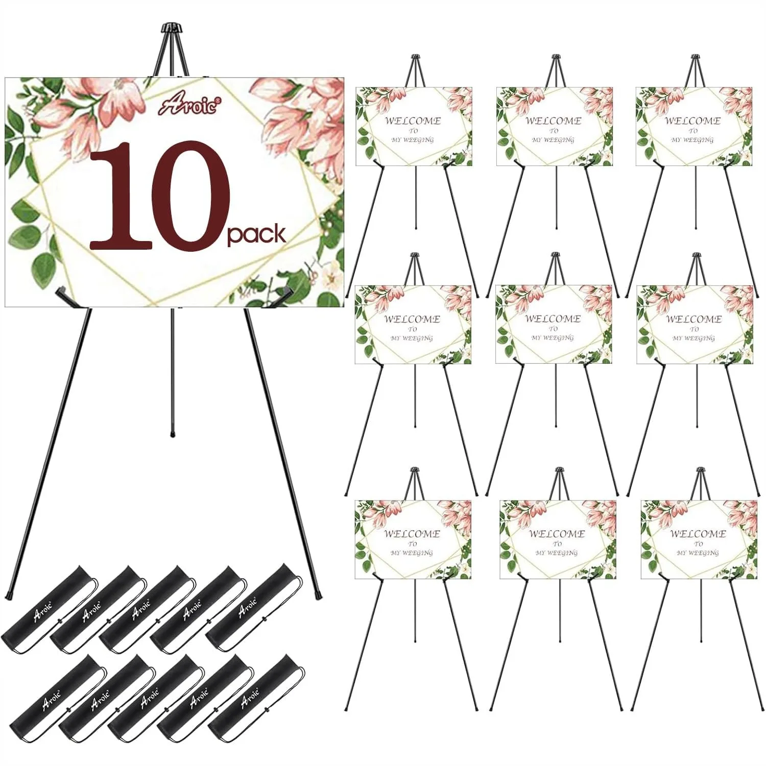 

63" Foldable Metal Easel Stand for Display, 10 Pack Portable Sign Easels with Storage Bag for Wedding, Painting, Adjustable