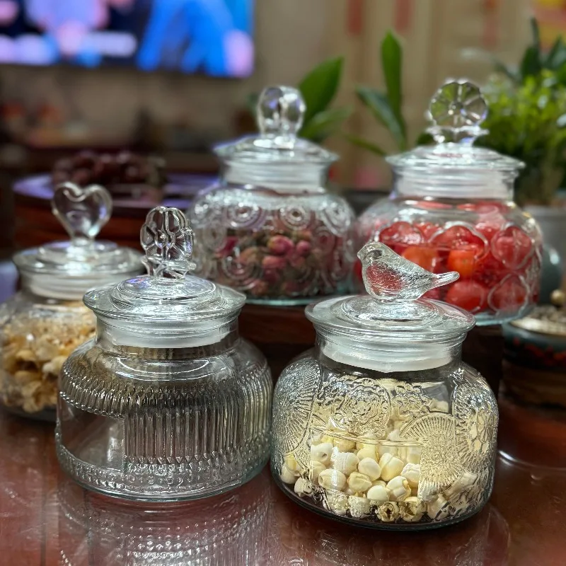 Vintage Carved Begonia Pattern Glass Sealed Jar Storage Jar Kitchen Household Dried Fruit Candy Snacks Tea Storage Storage Jars