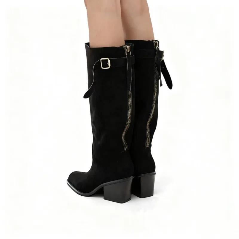 Fashion Retro Belt Buckle Women Knee-High Boots Rear Zipper Pointed Toe Knight Boots Flock Coarse Following 7CM Ladies Shoes