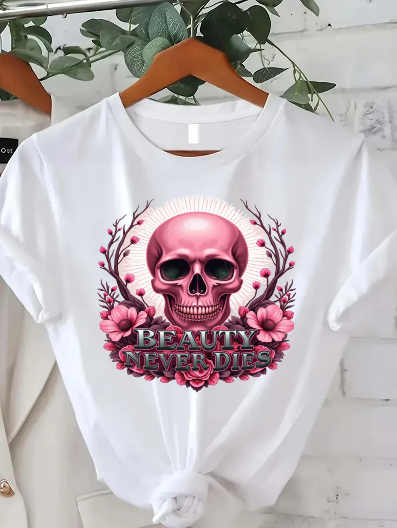 جولة الرقبة تي شيرت الوردي الجمجمة الأزهار تي شيرت الجمال أبدا يموت المرأة زائد حجم قمة الموضة قصيرة الأكمام المحملة قمة الموضة عادية