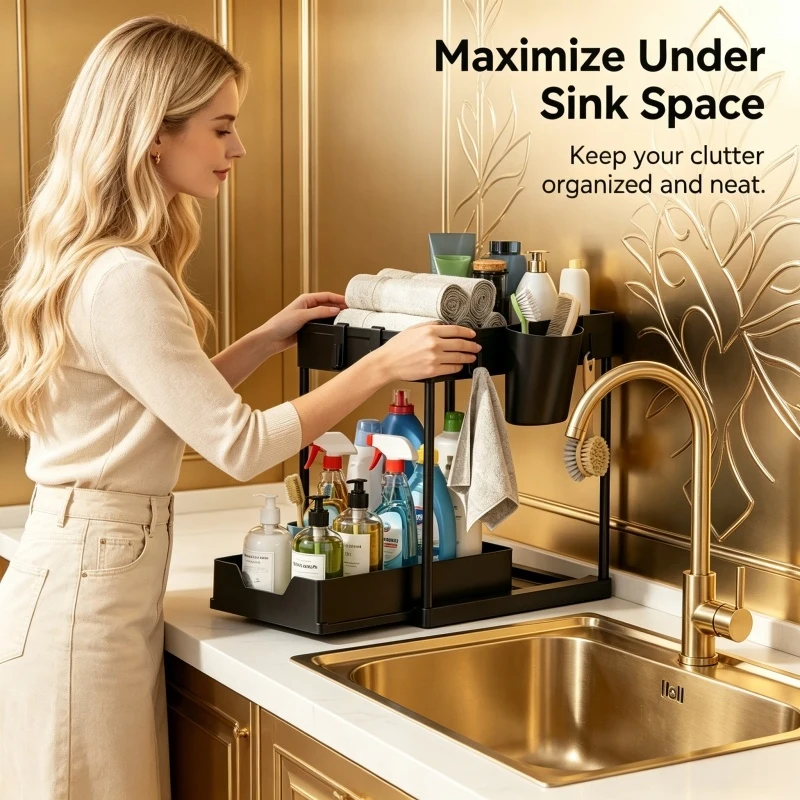 

Home Household Bathroom Kitchen Use 2 Tier Sliding Under Sink Organizer with Hooks Hanging Cup organizador bajo fregadero