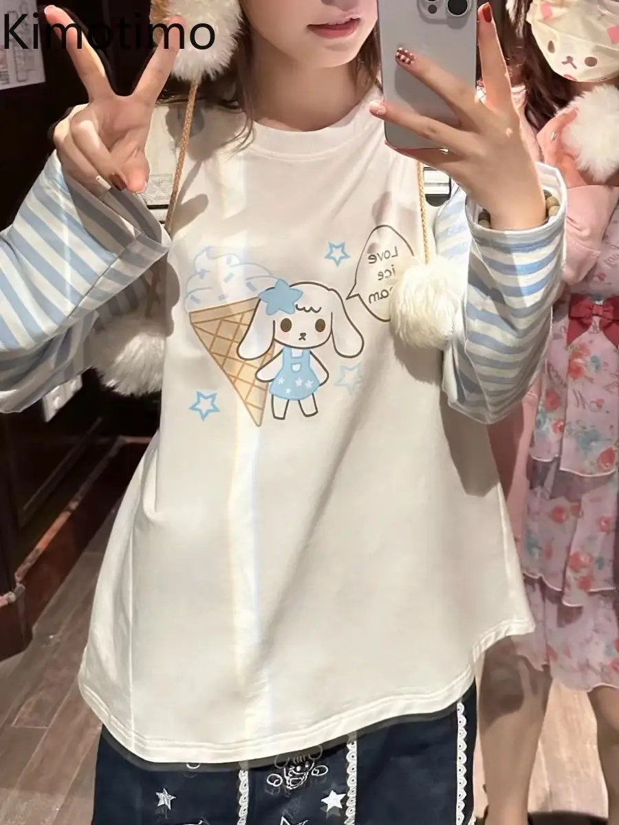 

Kimotimo Autumn Cute Blue Striped Patchwork Long Sleeve T-shirt Women Japanese Sweet Cartoon Print Loose Versatile O-Neck Tops