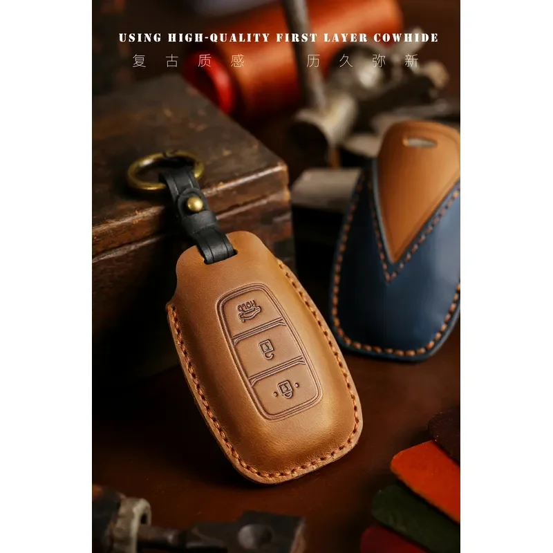 for Beijing Hyundai IX25 Key Case High End Leather All Inclusive Car Remote Control Protective Cover with Buckle Male