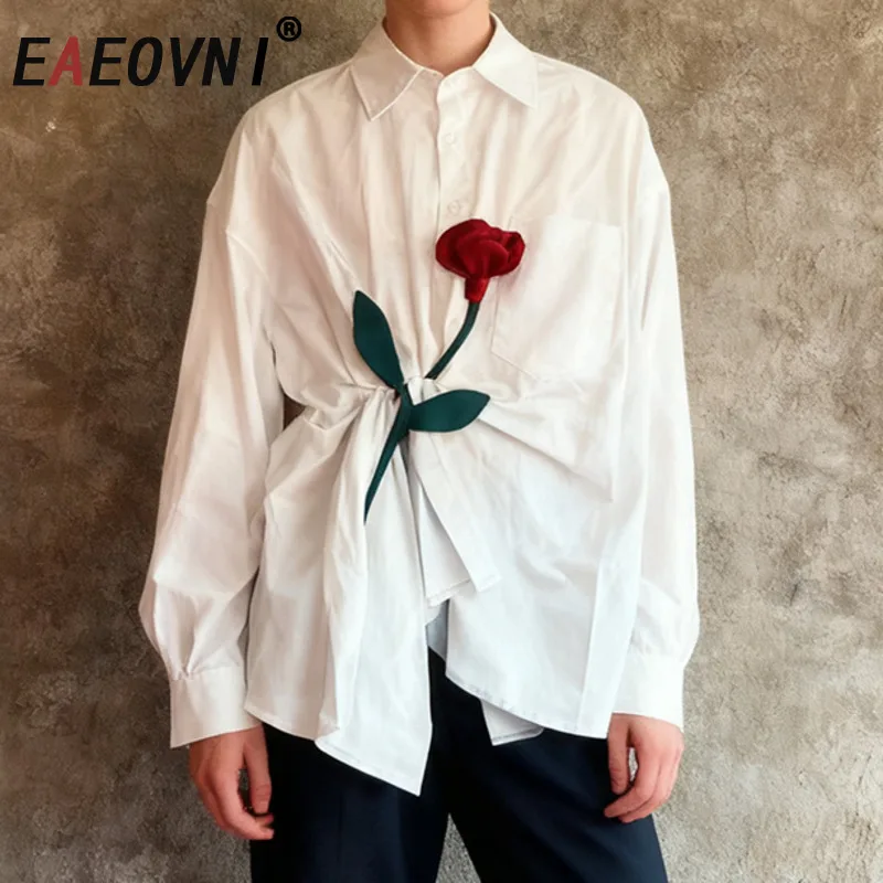 

EAEOVNI 3D цветочный дизайн, женская блузка с лацканами и длинными рукавами, рубашка контрастного цвета, топы, новая модная одежда