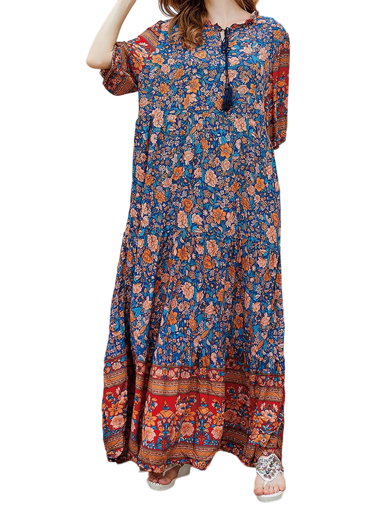 

2025 New Women's Long Dress Elegant Boho Short Sleeve Floral Dress Loose Summer XXXL Loose Casual Plus Size Dresses