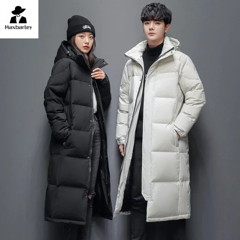 

Men's Winter Long Down Coat Branded Fashion Solid Color Hooded White Duck Down Filled Parka Outdoor Ski Wear Lightweight Jacket
