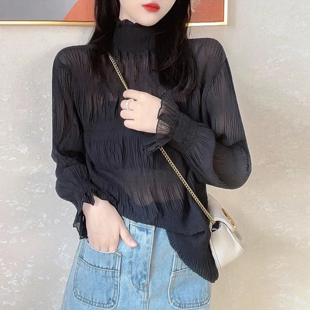 

Black White Apricot Color Chiffon T Shirt Women Petal Collar Flare Sleeve Shirt Girls Lovely Lace Long Sleeve Clothes X-G-Xinde