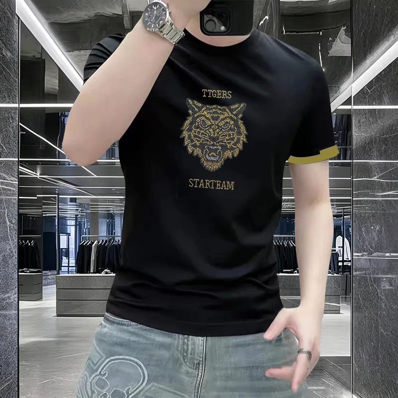 Light Luxury Mens T-Shirt Young Mens Daily Crew Neck Tee Skin Tiger Logo Slim Half Neck  Fashion Summer Tops Clothing
