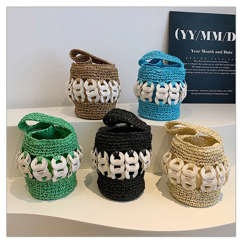Luxury Patchwork Straw Bag Bohemian Woven Bucket Bags for Women Handbags Handmade Crochet Beach Bag Small Basket Shoulder Bags