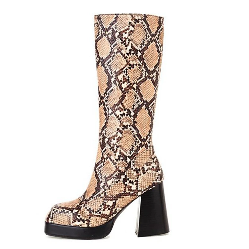 REAVE CAT Platform Mid-Calf Boots Toe Chunky Heels Snakeskin Leather Big Size 32-48 Blue S2753