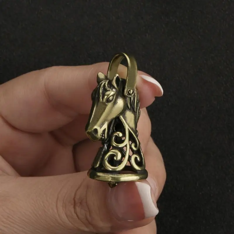 Vintage Solid Brass Horse Head Bell Keychain Copper Craft Small Pendant Durable for Car Key Purse Decoration Gift