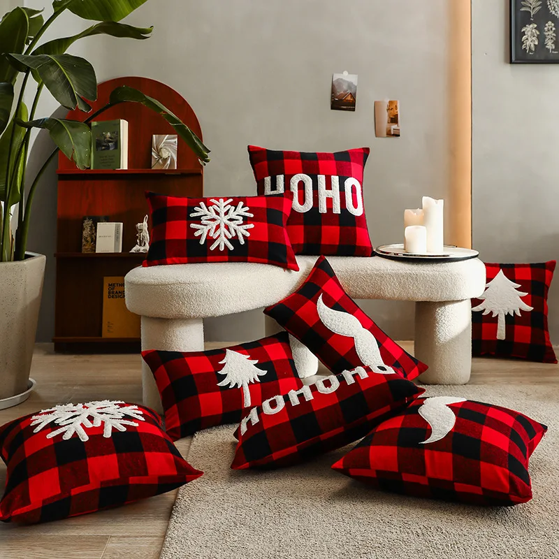 

New Christmas Cushion Covers Red and Black Plaid Embroidery Festival Pillow Covers Decorative Christmas Pillowcase Decor Home