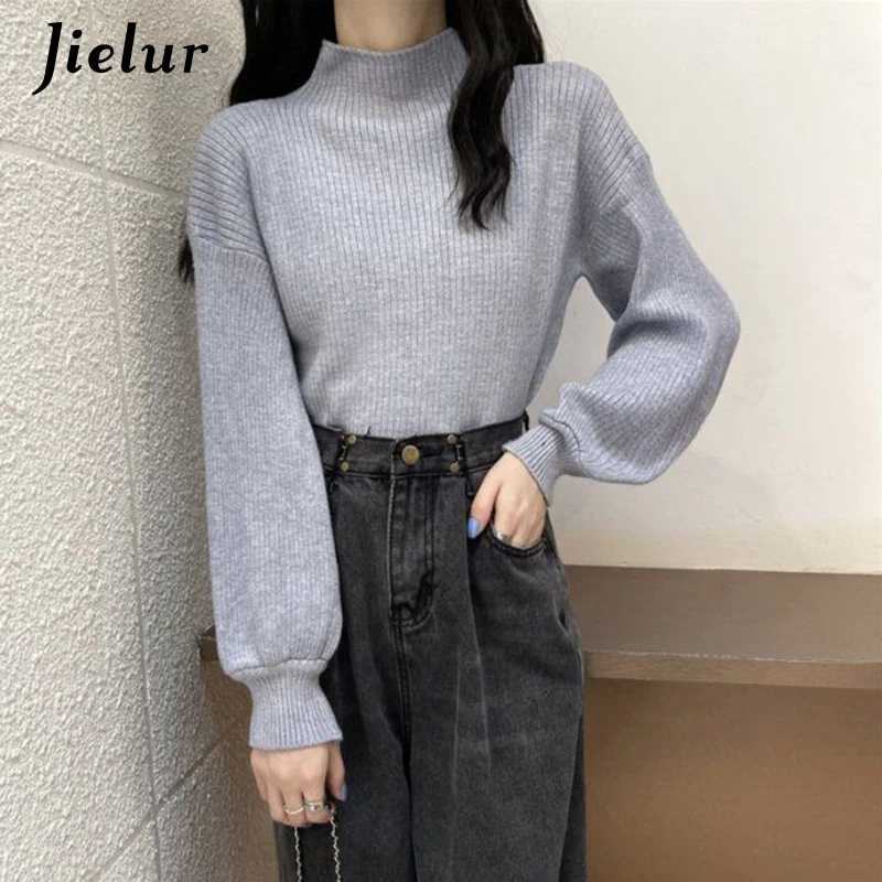 Jielur Lantern Sleeve Sweater Women Turtleneck Office Lady Pure Color Knitted Pullover Loose White Khaki Sweaters for Women