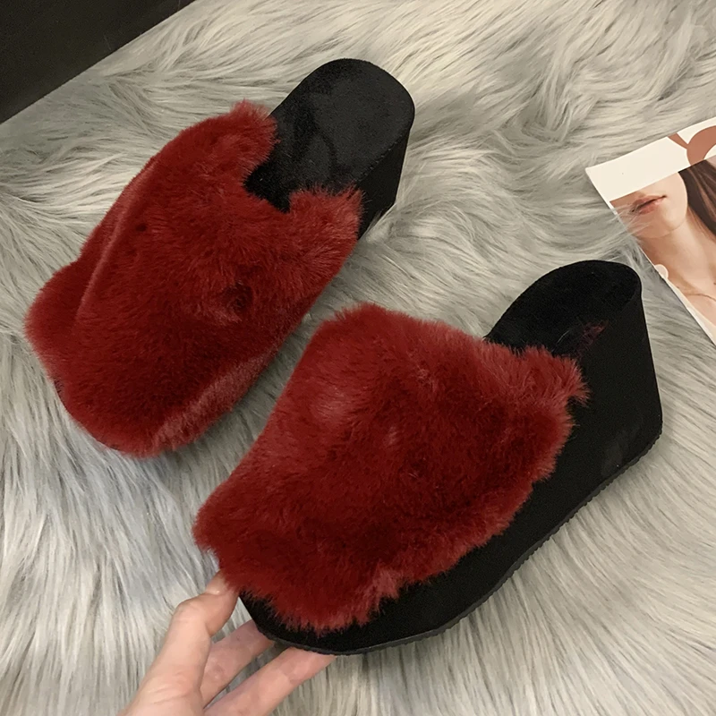 Women Slippers Fur Shoes Ladies Luxury Slides Heels Wedge Pantofle Platform Plush Designer High Fabric Rome Rubber Spring Autumn