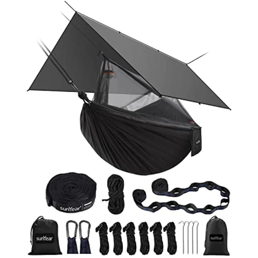 Camping hammock with rain fly tarp and mosquito net for outdoor backpacking travel survival, 100 waterproof black nylon, portab