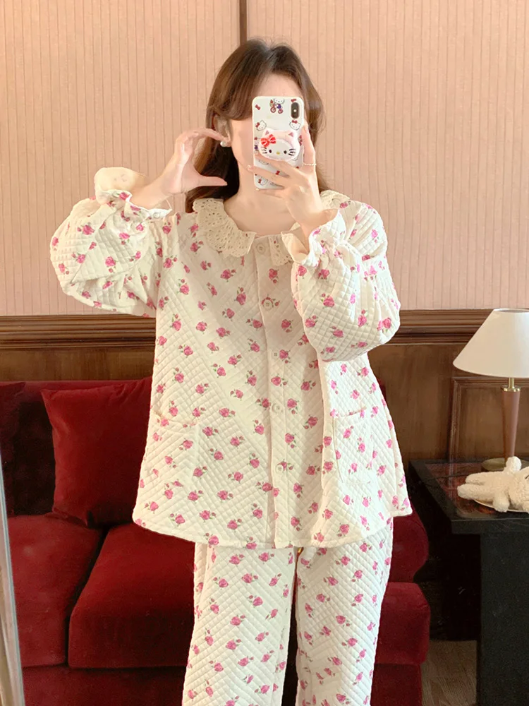 

Rose Print Pink Sweet Flowers Girlish Style Thicken Winter Long Sleeve Pajama Set Women Loose Kawaii Elegant Casual Sleep Tops