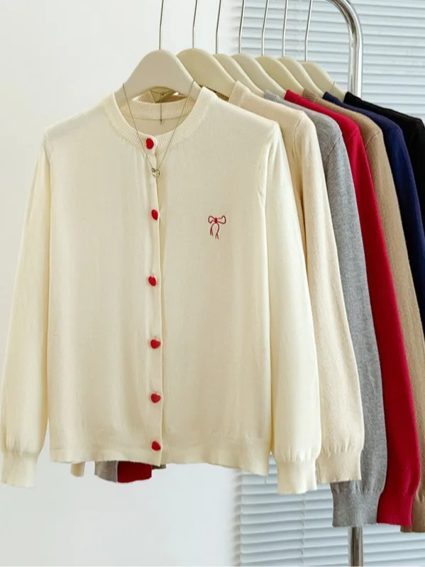 

Retro Korean Style Knitted Cardigan Embroidered Knot Casual Loose Fit Casual Outerwear Trendy Love Button