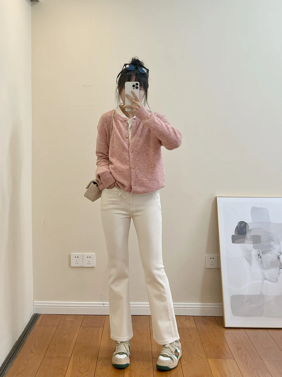 

Women's Spring Autumn Micro Flare Jeans Cotton Elastic Denim Fabric Ba ket Tee Line Embroidery Slimming Light Beige