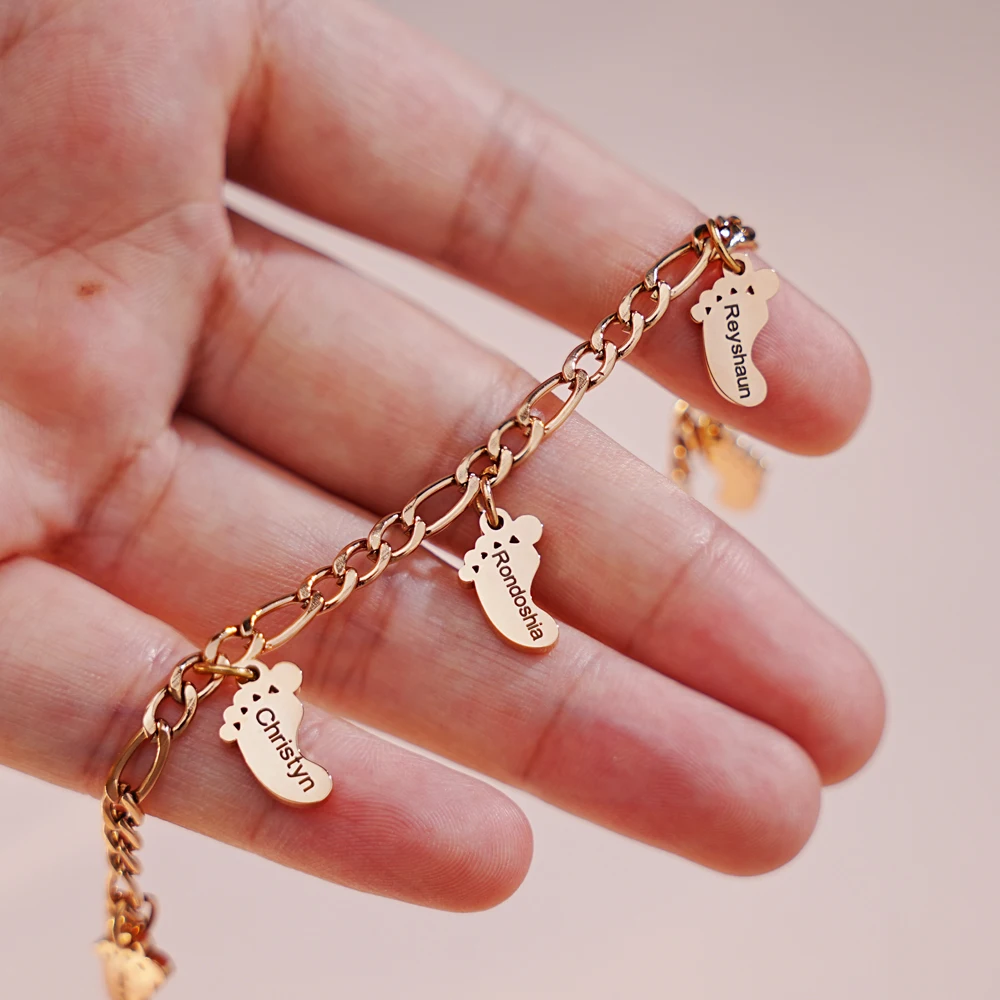 Personalized Baby Footprint Bracelet Custom Name Charm Jewelry for Mom
