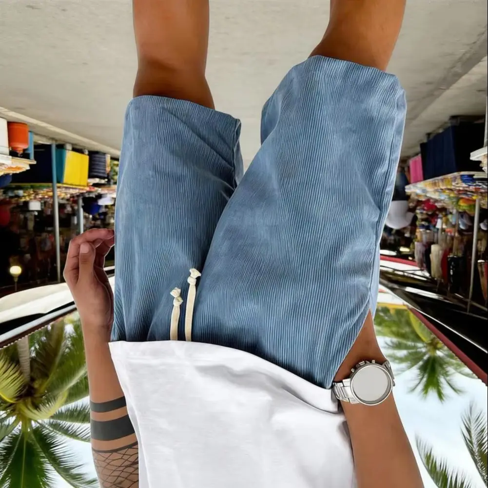 

Men Shorts Elastic Waist Adjustable Drawstring Wide Leg Summer Corduroy Shorts with Pockets Loose Fit Casual Shorts Travel Wear