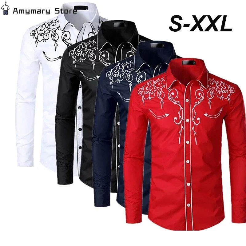 New Men\'s Retro Embroidered Shirt Western Cowboy Long Sleeve Slim Shirt Fashion Casual Button Stand Collar Party Business Shirt