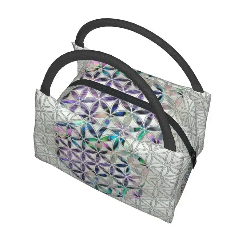 Flower Of Life Abalone Shell On Pearl Insulated Lunch Tote Bag for Women Geometric Mandala Portable Cooler Thermal Bento Box