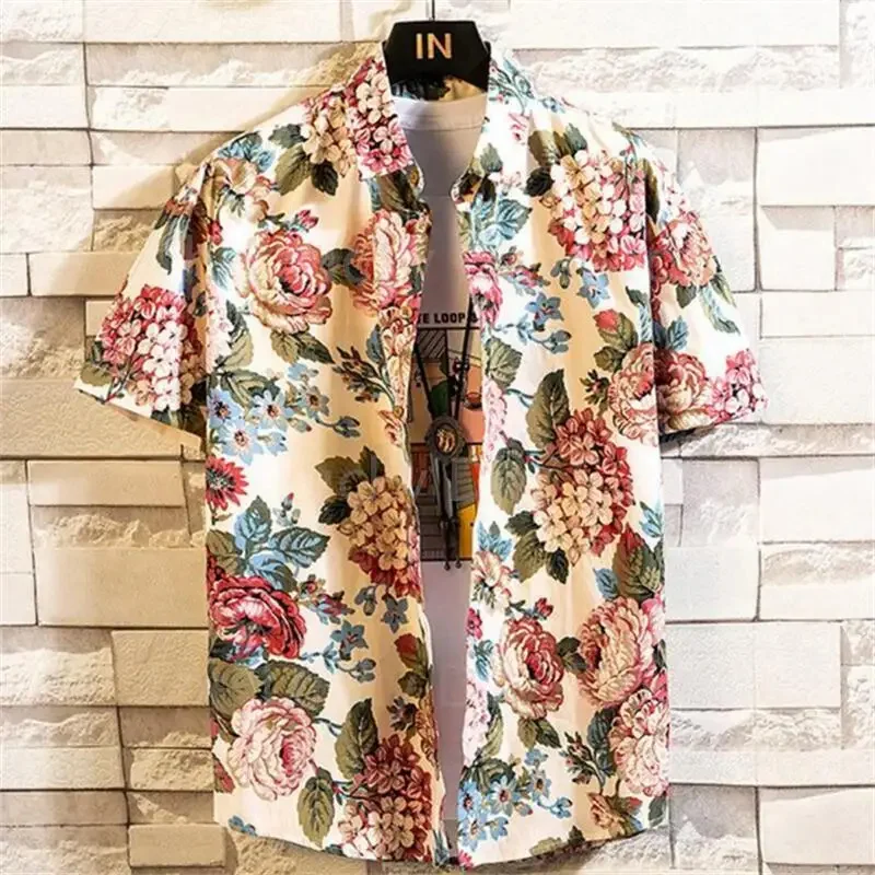 Flower Pattern Hawaiian Shirt Men\'s Exquisite 3D Print Blouse Casual Harajuku Summer Loose Aloha Shirts Short Sleeve Lapel Tops