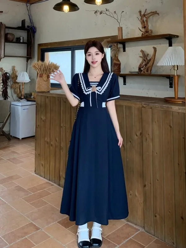

plus Size Women's Soft Blue Lace Knot Short Sleeve Dress Summer New Waist Cinching Fake Two-Piece Long Dress