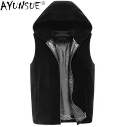 AYUNSUE Winter Real Sheep Shearing Jacket Men Short Black Sleeveless Wool Coat Male Hooded Korean Fur Jackets Veste Homme SQQ812
