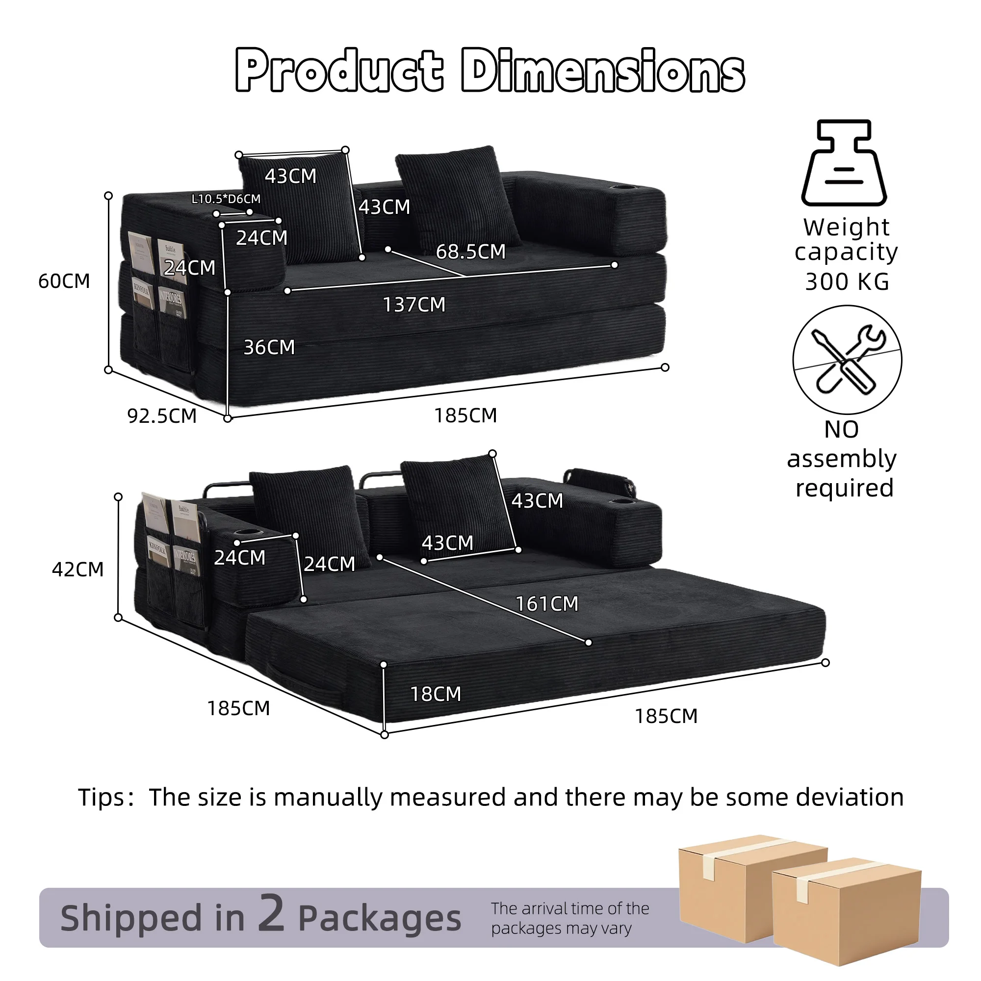 Schwarzes Cord-Faltsofa, Verwandelbares Faulbett mit Getränkehaltern und Seitentaschen, Keine Montage Nötig, Komprimiertes Modulares Sofa für Wohnzimmer, Apartment, Gästezimmer