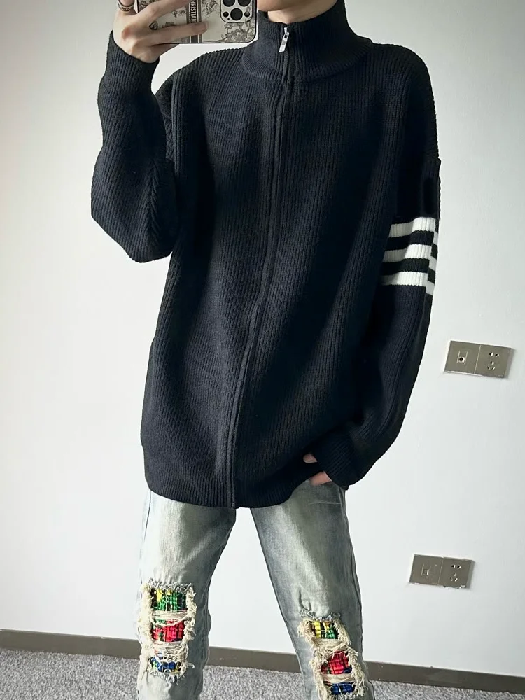 

New American High Collar Open Cardigan Sweater Men Women Autumn Winter ular Trend Striped Zipper Knitted Outerwear