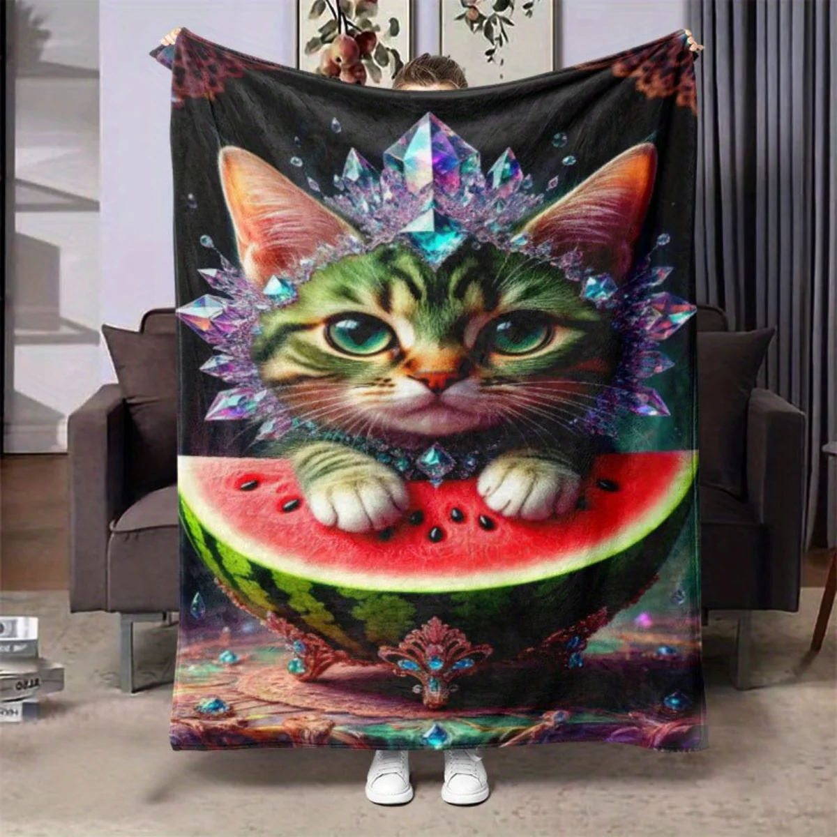 

Cat watermelon pattern flannel blanket - Soft and warm, suitable for sofas, beds, chairs, camping, and as a holiday gift